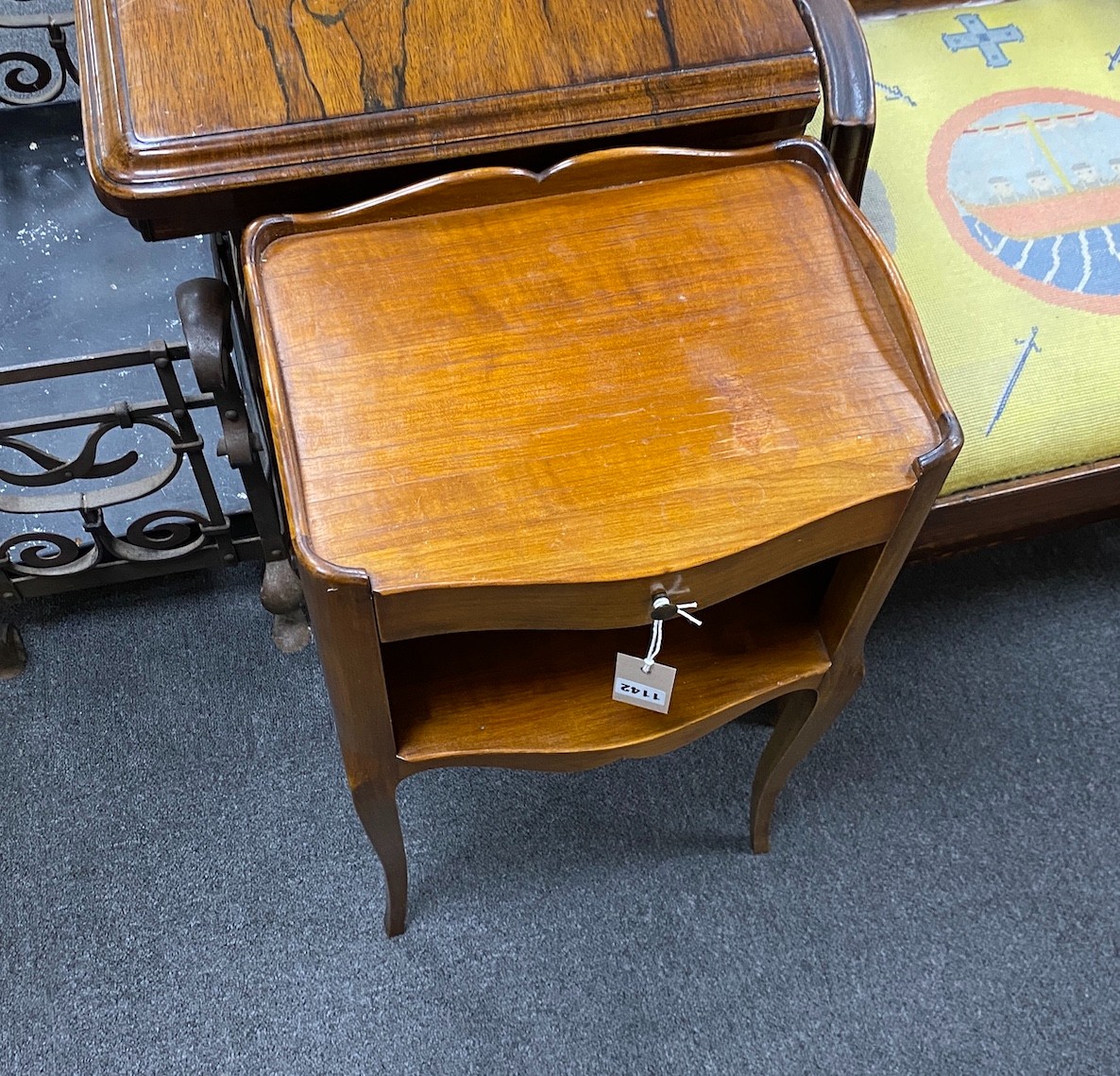 A pair of French cherry wood bedside tables, width 37cm, depth 26cm, height 70cm